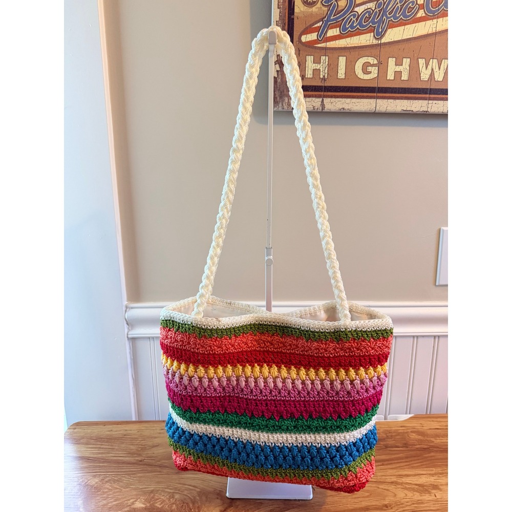 Colorful Crochet Tote Bag Lined Zip Pocket Boho Beach Cottagecore Lina - Picture 8 of 11